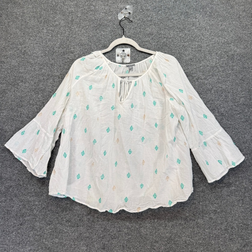 Aerie Peasant Blouse Women Large White Embroidered Tassel Bell Sleeve Boho Shirt